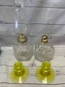 lot 44 image: Two Hurricane Lamps And Two Chartreuse Candle Stick Holders