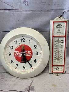 lot 47 image: Coke Coca Cola Clock & Vintage Thermometer