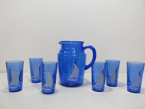 lot 83 image: Vintage Cobalt Blue Glass Ship Pitcher & 6 Glasses