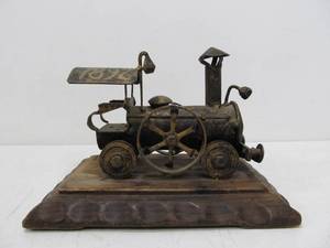 lot 86 image: Vintage Metal Steam Engine Train Sculpture on Wood Base