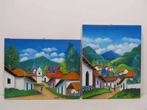 lot 96 image: Pair of Signed Oil on Canvas Village Scene Paintings - Signed Rodriguez