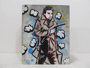 lot 127 image: Signed Oil on Board Pop Art Painting - Man wGun