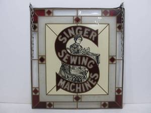 lot 130 image: Vintage SINGER Sewing Machines Advertising Stained Glass Panel Window