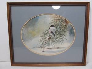 lot 138 image: Framed Signed Chickadee Original Watercolor Painting by MN Artist David Boudin