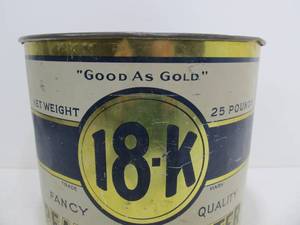 lot 36 image: Large Vintage 25lb Advertising 18K Good as Gold Peanut Butter Can Tin - Newell & Company Minneapolis