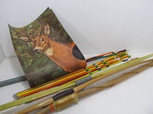 lot 200 image: 3 Vintage Archery Bows Arrows & Target