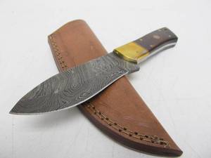 lot 214 image: Excellent Custom Made Inlaid Fixed Blade Knife wDamascus Steel Blade