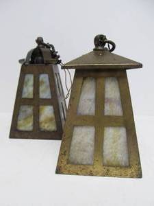 lot 223 image: 2 Antique Brass Arts & Crafts Era Hanging Light Fixture Lamps