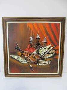 lot 232 image: Large Framed Signed Vintage Mid Century Oil on Canvas ViolinMusical Painting - Signed Montez