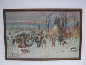 lot 273 image: Framed Vintage CHARLES RUSSELL Western Print - Indian Hunters Return