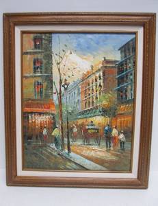 lot 275 image: Framed Signed Oil on Canvas French Street Scene Painting