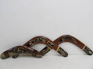 lot 252 image: 3 Hand Painted Wood Boomerangs