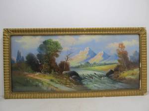 lot 298 image: Original Vintage Mountain Valley Riverbank Scene Pastel Chalk Art Signed