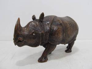 lot 300 image: Vintage Solid Wood Rhinoceros Figurine Hand Carved 9 Long
