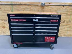 lot 16 image: HUSKY 46 in. W 9-Drawer, Deep Tool Chest Mobile Workbench in Gloss Black with Hardwood Top