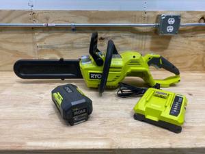 lot 40 image: RYOBI 14 in. 40-Volt Cordless Battery Brushless Lithium-Ion Chainsaw with Battery and Charger