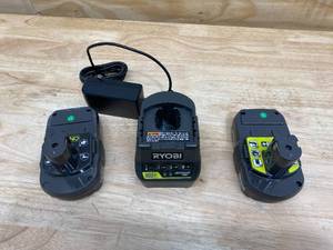 lot 60 image: RYOBI 18v Charger and 2- 18v Batteries