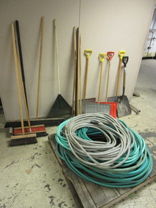 GARDEN HOSE, SNOW SHOVELS, RAKE, PUSH BROOMS, SQUEEGEE, MORE