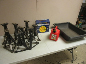 JACK STANDS, BOOSTER CABLES, GASOLINE CAN, TUB
