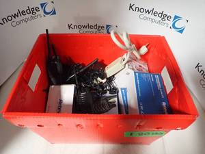 lot 30 image: Walkie Talkie Set  Includes In box walkies, out of box walkies, charger and power strip, and a few misc attachments