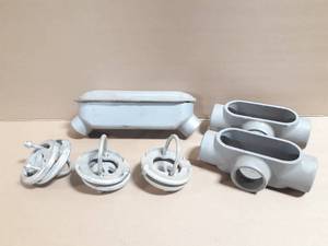 lot 48 image: (6) Conduit Bodies and Clamps - 1.5 & 2