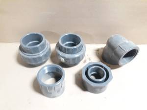 lot 282 image: (5) Spears Schedule 80 3 & 4 PVC Unions, Elbow, Busing