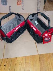 15 in. Open Top Weather Resistant Tool Tote Bag in Red with 18 total pockets and heavy-duty rotating handle by Husky- set of 2 - open box not used
