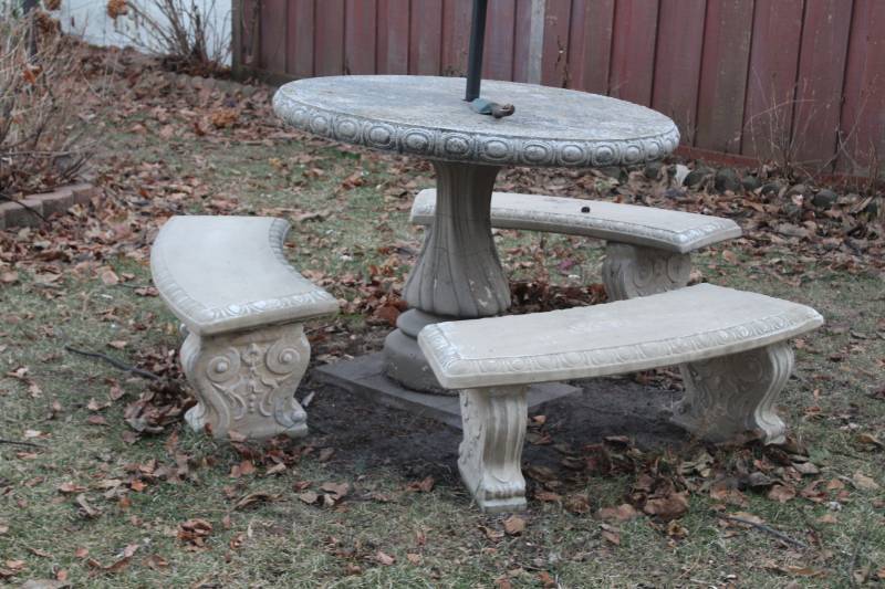 Concrete Round Umbrella Patio Table with 3 Concrete Benches