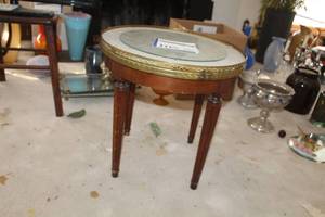 lot 105 image: Glass Top Wood Side Table with Decorative Brass Edging