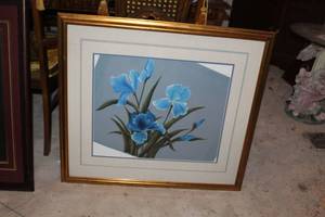 lot 137 image: Blue Flowers Matted Framed Wall Art