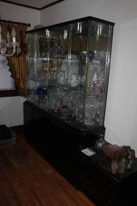 lot 3 image: Lighted Wood Dining Room Hutch China Cabinet Full Length Glass FrontSide Panel 2-Glass Display Shelf 2-Storage Door