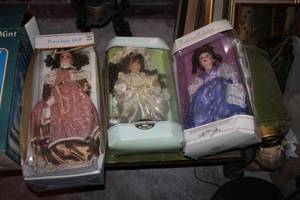 lot 148 image: Lot of (3) Collectors Dolls - Birthstone Collection Amethyst Hand Crafter Porcelain Doll, Collectible Memories Genuine Porcelain Doll, Porcelain Doll