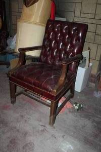 lot 163 image: Leather High-Back Wood Office Arm Chair