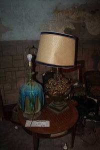 lot 171 image: Lot of (2) Blue Ceramic Base Table Lamp with No Shade, Gold Urn Base Table Lamp with Tan Fabric Shade