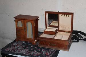 lot 187 image: Lot of (2) Wooden Flip-Top Jewelry Box with Mirror and Hinged Drawer, Wooden Armour-Style Cabinet Jewelry Box