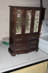 lot 188 image: Wooden Hutch Jewelry Box 3-Floral Painted Glass Doors with Ornate Pulls