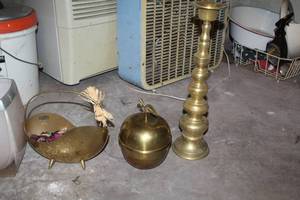 lot 195 image: Lot of (3) Brass Flower Basket, Brass Candleholder, Brass Table Dcor