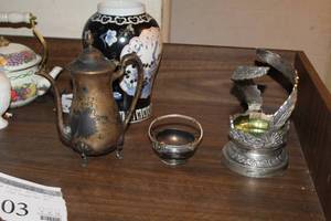 lot 203 image: Vintage Metal Tea Pot, Metal Serving Bowl with Handle, Metal Beer Stein Wrap