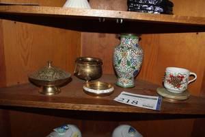 lot 218 image: Lot of (6) Table Vase, Decorative Serving Dishes and Bowl, Coffee Mug with Coaster, Assorted Dcor