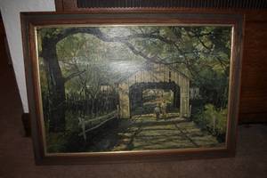 lot 222 image: Vermont Bridge by E. Sloane Wood Framed Painting