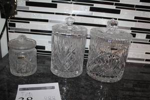 lot 38 image: Lot of (3) Irena 24% Lead Crystal Hand Cut Glass Jars with Lids