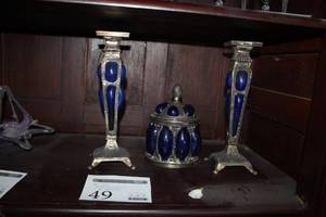 lot 49 image: Lot of (3) Pewter with Blue Glass Table Dcor Set - Jar with Lid, Candleholders (x2)
