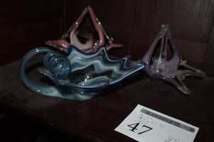 lot 47 image: Lot of (3) Blue Glass Table Pitcher, Pink Glass Table Bowl, Purple Glass Table Bowl
