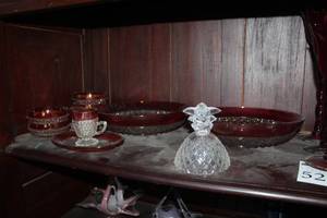 lot 50 image: Lot of (10) Clear Crystal Glass with Red Edge Accent Table Set - Serving Bowls (x2), Bowl (x5), Creamer, Serving Tray, Crystal Lid