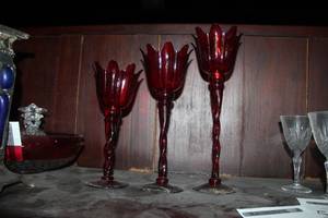 lot 52 image: Lot of (3) Red Glass Scalloped Edge Stem Glasses