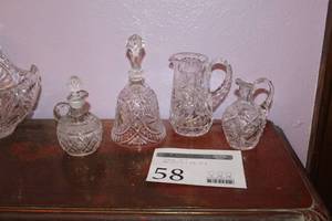 lot 58 image: Lot of (4) Crystal Glass Pitchers and Decanters with Toppers