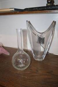 lot 63 image: Lot of (2) Clear Glass Flask Table Vase, Crystal Glass Table Vase