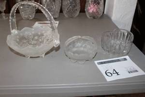 lot 64 image: Lot of (3) Crystal Glass Candy Bowls, Crystal Glass Candy Basket