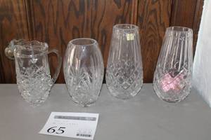 lot 65 image: Lot of (4) Crystal Glass Table Vases, Crystal Glass Table Pitcher