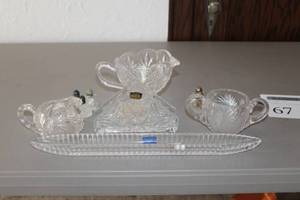 lot 67 image: Lot of (11) Polonia Crystal Glass Tea Serving Set - Boat, Creamer, Sugar, Pitcher, Napkin Holder, Shakers